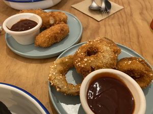 Croquettes and onion rings.  at Green Love in Marseille
