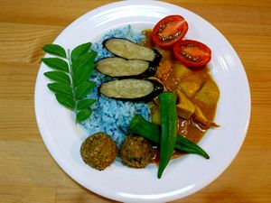 Authentic curry with blue pea flower rice at Farmer's Kitchen in Hualien