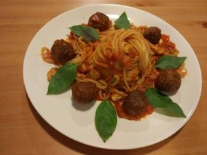 Best vegan meatballs linguine I've ever had! The meatballs are made by eggplant and chick pea. at Farmer's Kitchen in Hualien