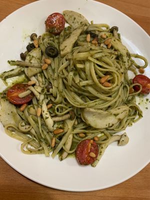 Pesto and mushroom linguine - delicious and vegan  at Farmer's Kitchen in Hualien