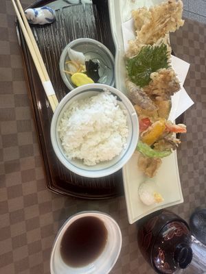 Veggie tempura with rice and miso soup   at Yamaichi Bekkan in Miyajima
