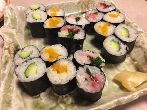 Cucumber roll, turmeric pickled daikon roll, ume shiso roll.  at Yamaichi Bekkan in Miyajima