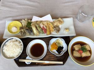 Tempura set, with additional order of tofu! at Yamaichi Bekkan in Miyajima