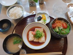 Vegan fried tofu dish at Yamaichi Bekkan in Miyajima