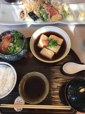 Vegetable tempura and fried tofu set. Tofu was delicious! at Yamaichi Bekkan in Miyajima