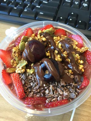 Cherry ripe smoothie bowl. Delicious! at Smoothme Superfood Bar in Melbourne