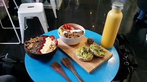 The meal deal plus a Peanut butter jam smoothie Bowl on the left at Smoothme Superfood Bar in Melbourne