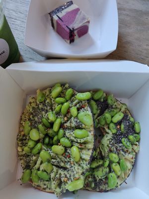 Edamame & avocado bagel. Raw rasberry cake (best cake I had in a while, and I eat a lot of cakes). at Smoothme Superfood Bar in Melbourne