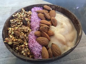 Salted caramel smoothie bowl with granola, choia pudding and almond topping  at Smoothme Superfood Bar in Melbourne