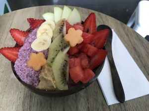 Beautiful Açai with chia pudding and summer fruits at Smoothme Superfood Bar in Melbourne