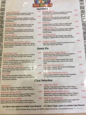 Menu at Jay Bharat Market and Restaurant in Artesia