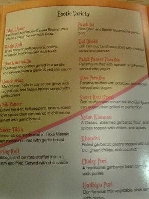 menu page at Jay Bharat Market and Restaurant in Artesia