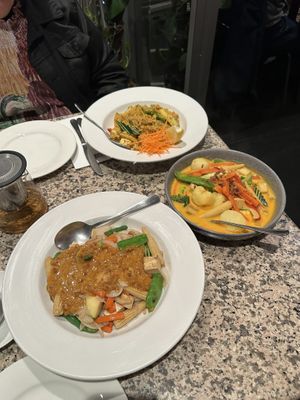Pineapple fried rice, yellow curry, satay noodles    at Brown Grain Thai Restaurant in Ballarat