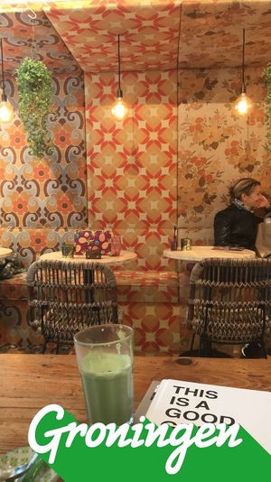 The matcha latte but shows off the amazing style of the restaurant  at Feel Good in Groningen