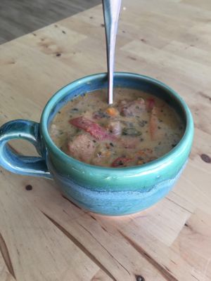 A cup of warming hearty 10 spice veggie soup at Mountain Mel's Green Canyon Apothecary in Welches