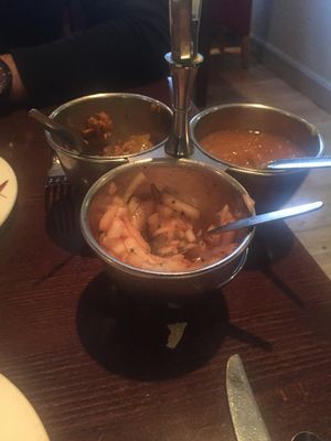 spiced onions, mango chutney and lime pickles at Royal Bengal Restaurant in Dunfermline