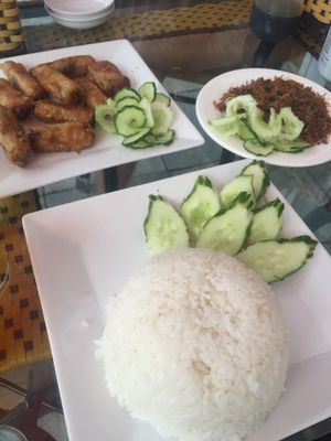 Spring rolls, rice and rustic mushrooms!! So tasty at Nha Hang Com Chay in Ha Long