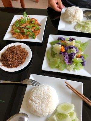 Fried beancurd, boiled vegetables, rustic mushrooms and steamed rice at Nha Hang Com Chay in Ha Long