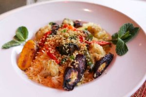 Fresh organic vegan rice and oven-roasted vegetable bowl. at Saffron Cafe in Monterey