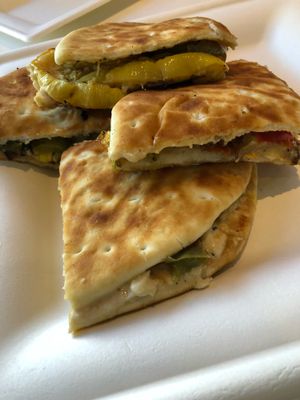 Roasted veg panini sub pesto and cheese for hummus  at Saffron Cafe in Monterey