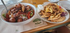 Vegan Mexican bowl & vegan gyros with vegan tzatziki, pita and french fries at Evilion Bistro in Crete