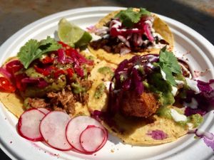 Vegan tacos: baja tofish, jackfruit pulled pork and carne asada seitan  at VFC by Club Mexicana in Newark