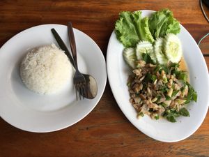 Vegan laab (mushroom) at Song Fang Khong in Thakhek
