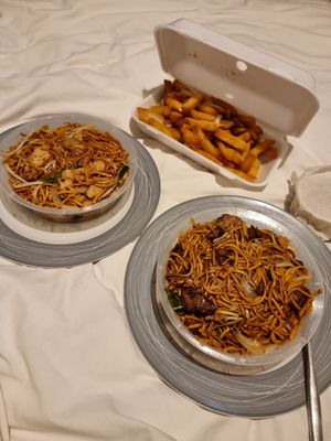 Vegan chicken chow mein, vegan beef chow mein, salt and pepper chips at Imperial Garden in Plymouth