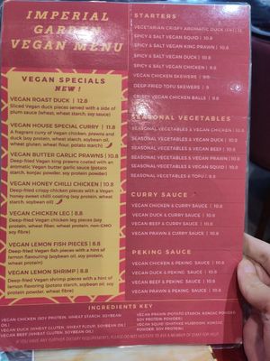 Vegan menu with specials! at Imperial Garden in Plymouth