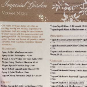vegan menu selection - taken by my SW England contact Mr P at Imperial Garden in Plymouth