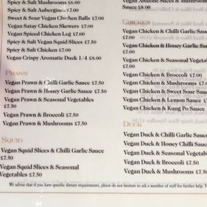 vegan menu selection - taken by my SW England contact Mr P at Imperial Garden in Plymouth