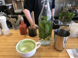 Matcha latte and mint-water  at The Butcher's Daughter - West Village in New York City