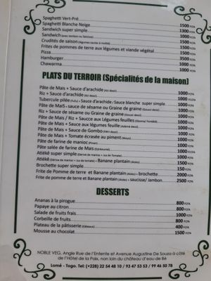 Menu 2019 at Noble Veg in Lome