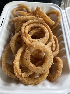 Onion rings. My least favorite thing I ordered, but something had to be!  at Three Girls Vegan Creamery - Boston in Guilford