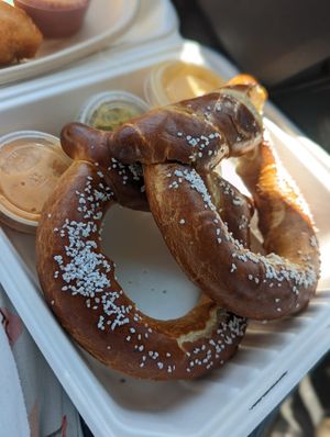 Special this weekend: pretzels with beer cheese, mustard, and a special sauce! at Three Girls Vegan Creamery - Boston in Guilford