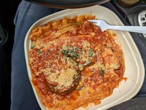 vegan lasagna with a meat ball at Three Girls Vegan Creamery - Boston in Guilford
