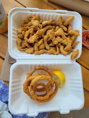 Fried vegan clams and onion rings at Three Girls Vegan Creamery - Boston in Guilford