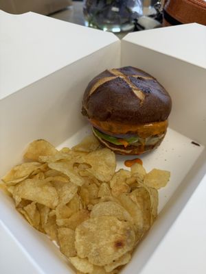 buffalo chicken sandwich with chips  at Three Girls Vegan Creamery - Boston in Guilford