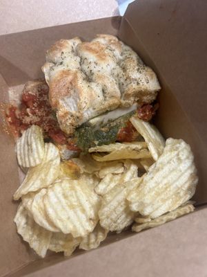 Eggplant parmigiana focaccia at Three Girls Vegan Creamery - Boston in Guilford