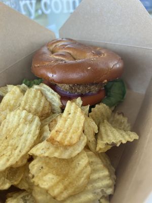 crab cake sandwich on pretzel  at Three Girls Vegan Creamery - Boston in Guilford