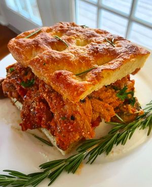 'Chicken' and Mushroom Focaccia at Three Girls Vegan Creamery - Boston in Guilford