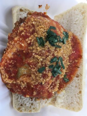 Chicken parmesan with eggplant, fresh mozzarella and basil sandwich.  at Three Girls Vegan Creamery - Boston in Guilford