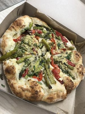 Asparagus apizza. Excellent crust and cheese  at Three Girls Vegan Creamery - Boston in Guilford