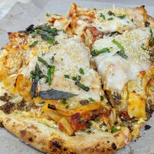 Stuffed pizza at Three Girls Vegan Creamery - Boston in Guilford