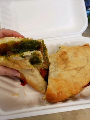 Cutlet w/ mozzarella on pesto fried dough at Three Girls Vegan Creamery - Boston in Guilford