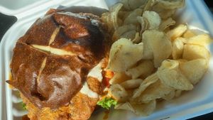 spicy buffalo chicken sandwich  at Three Girls Vegan Creamery - Boston in Guilford