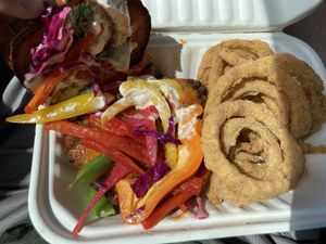 Rainbow slaw on chicken sandwich  at Three Girls Vegan Creamery - Boston in Guilford