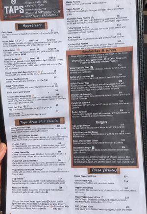 menu at Taps Brewhouse & Grill in Niagara Falls