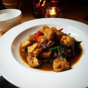 close-up of stir-fried tofu and Thai eggplant at Khun Nine Thai in Baltimore