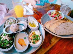 Breakfast dish: quinoa omelette and mediterranean dips at Michelangelo Cafe in Tel Aviv